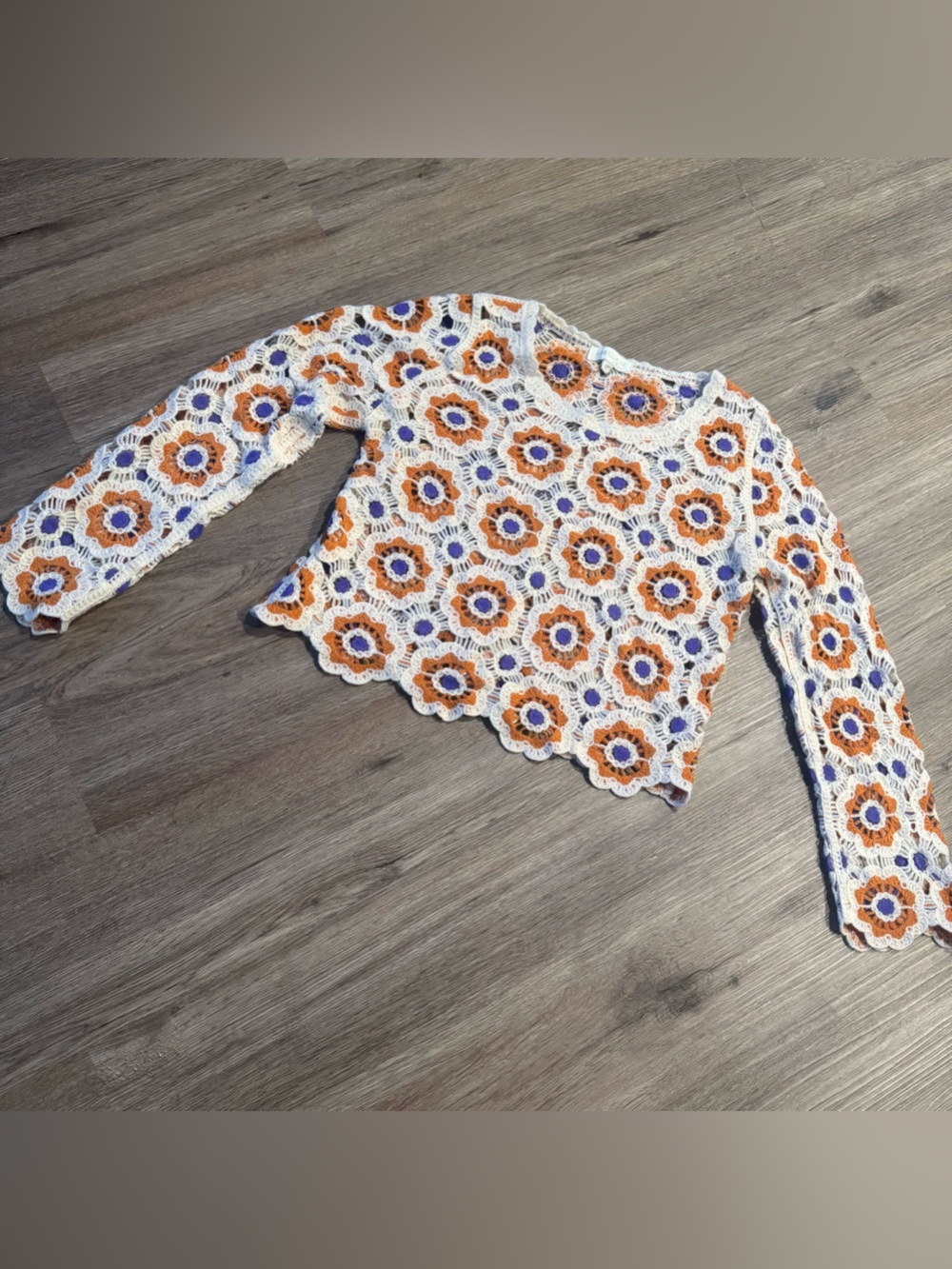 Crochet Floral Openwork Sweater - White, Orange & Blue